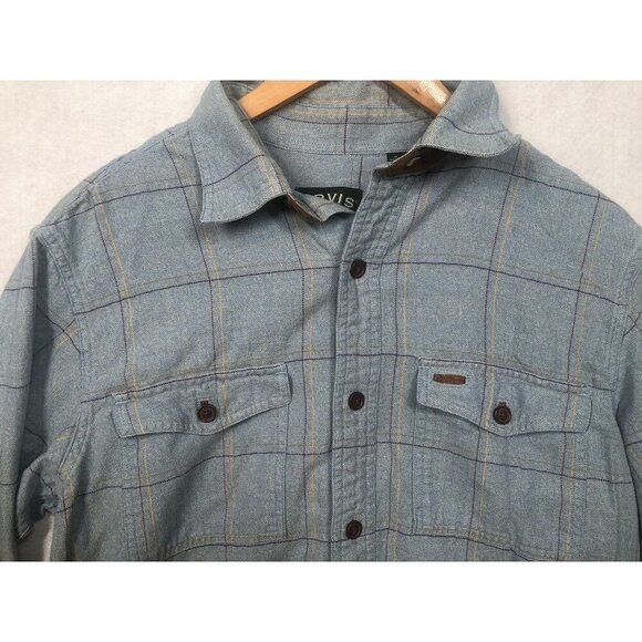 Orvis Fairbanks Long Sleeve Flannel Shirt Suede Elbow Patches Blue Check Men's M - Picture 3 of 8